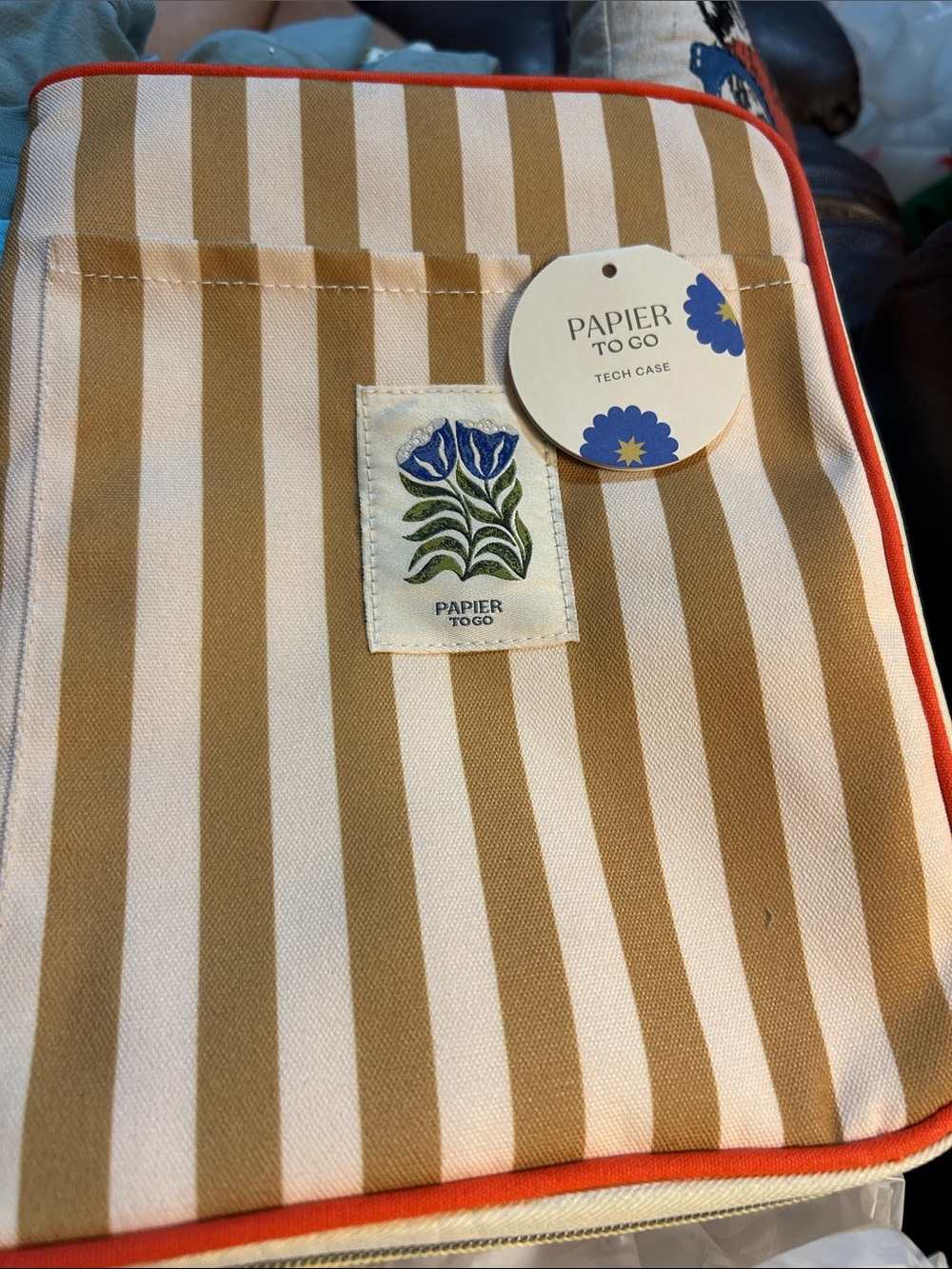 Papier to Go Striped Tech Tablet Pouch - Tan & White with Orange Trim. NWT